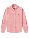 Small Heart Logo Gingham Button Long Sleeves Shirt Red - AMI - BALAAN 2