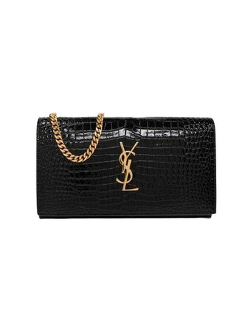 Cassandre Chain Crocodile Embossing Leather Long Wallet Black - SAINT LAURENT - BALAAN 1