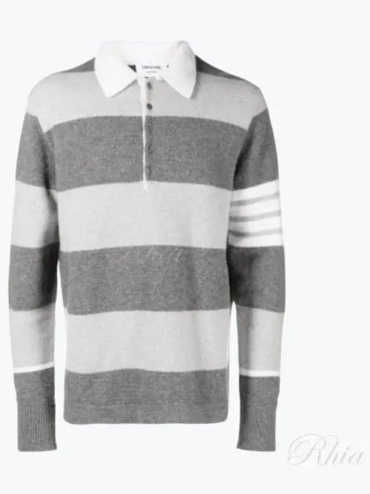 Rugby Striped Merino 4-Bar Long Sleeve Polo Shirt Grey - THOM BROWNE - BALAAN 2