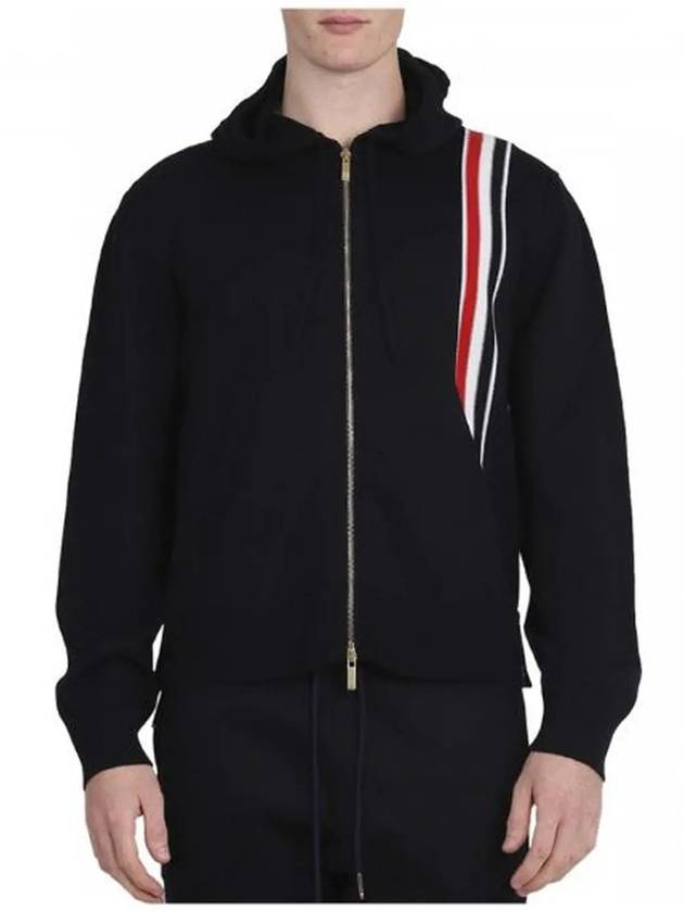 Three Stripe Intarsia Stitching Relaxed Fit Merino Wool Zip Up Hoodie Navy - THOM BROWNE - BALAAN 4