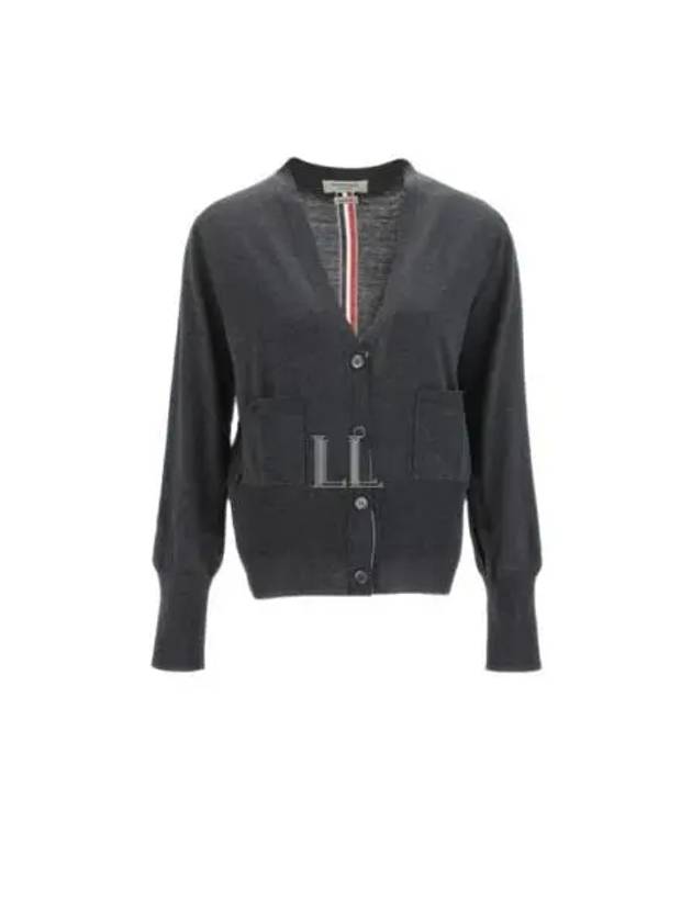 Silk Cotton Blend Relaxed V-Neck Cardigan Dark Grey - THOM BROWNE - BALAAN 2