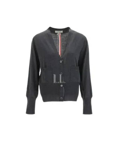 Silk Cotton Blend Relaxed V-Neck Cardigan Dark Grey - THOM BROWNE - BALAAN 2