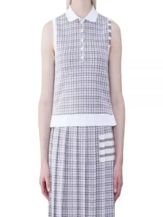 Check Silk Cotton 4 Bar Sleeveless Polo Shirt Grey - THOM BROWNE - BALAAN 2