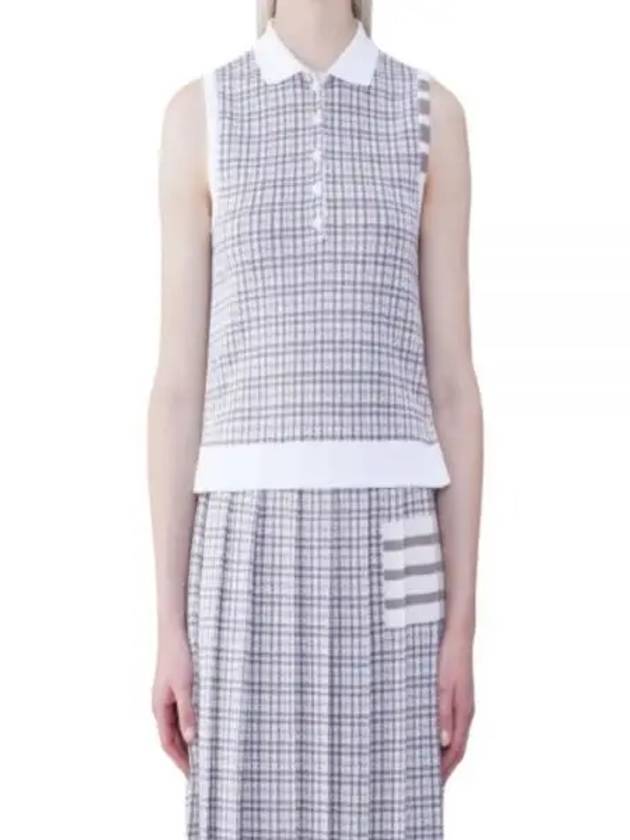 Check Silk Cotton 4 Bar Sleeveless Polo Shirt Grey - THOM BROWNE - BALAAN 2