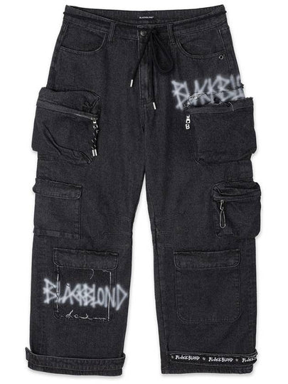 Sprayed Logo Multi Pocket Denim Cargo Jeans Black - BLACKBLOND - BALAAN 2