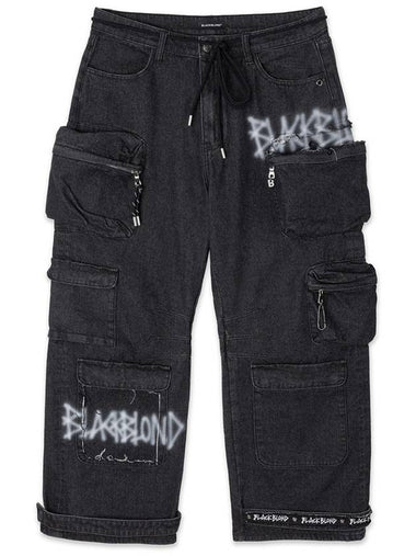 Sprayed Logo Multi Pocket Denim Cargo Jeans Black - BLACKBLOND - BALAAN 1