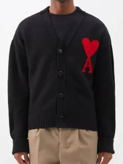 Intarsia Big Heart Logo Oversized Virgin Wool Cardigan Black - AMI - BALAAN 2