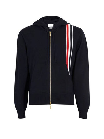 Three Stripe Intarsia Stitching Relaxed Fit Merino Wool Zip Up Hoodie Navy - THOM BROWNE - BALAAN 1