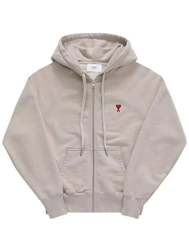 Small Heart Logo Cotton Zip Up Hoodie Light Beige - AMI - BALAAN 5