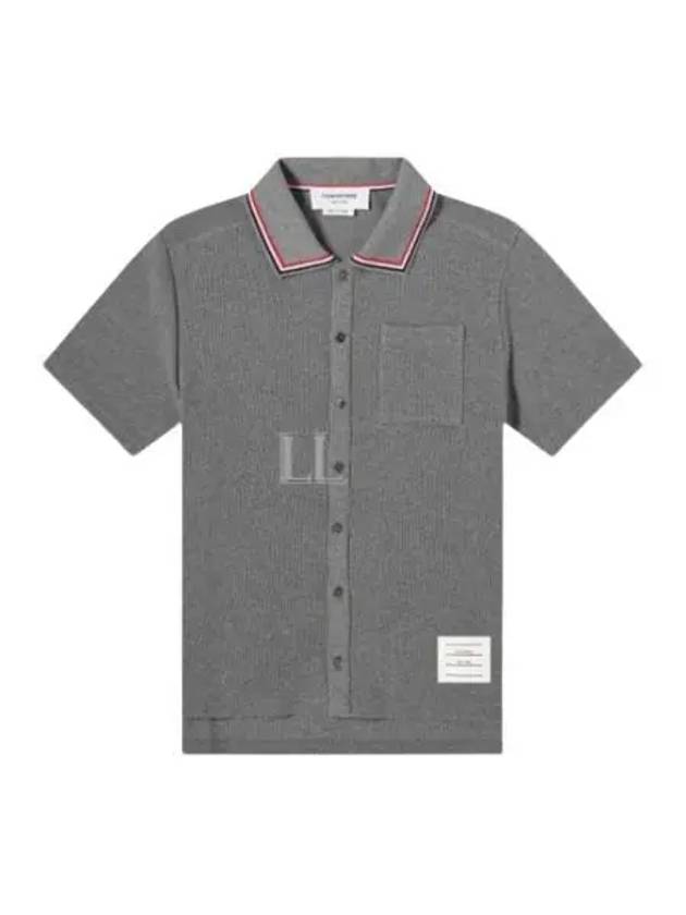 Three-Line Collar Texture Cotton Short Sleeve Shirt Grey - THOM BROWNE - BALAAN 2