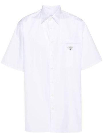 Triangle Logo Pocket Regular Fit Cotton Short Sleeve Shirt White - PRADA - BALAAN 1