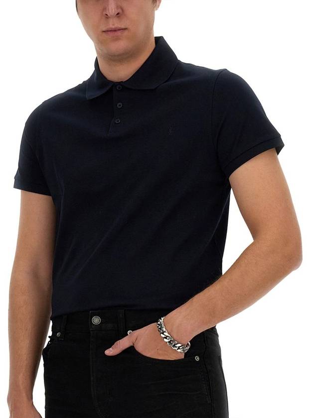 Men's Monogram Cotton Short Sleeve Polo Shirt Navy - SAINT LAURENT - BALAAN 5