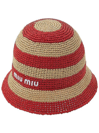 Logo Striped Woven Fabric Bucket Hat Red Beige - MIU MIU - BALAAN 2