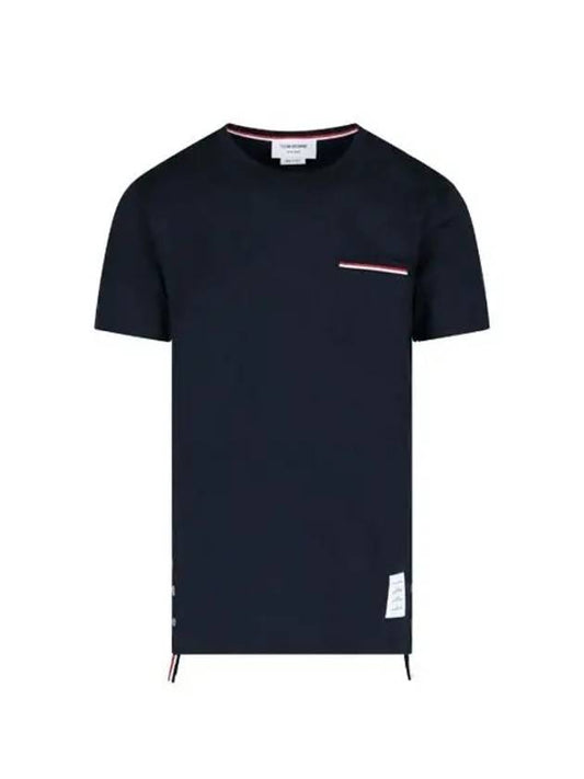 Men's Medium Weight Jersey Tipped Pocket Crewneck Short Short Sleeve T-Shirt Navy - THOM BROWNE - BALAAN 2