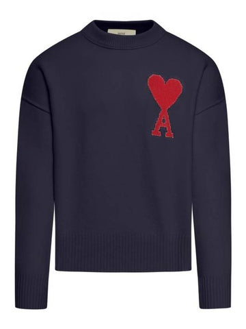 Big Heart Logo Wool Knit Top Navy - AMI - BALAAN 1