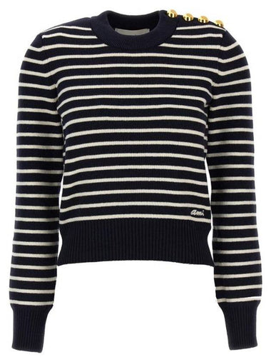 Button Detail Striped Knit Top Navy - AMI - BALAAN 1