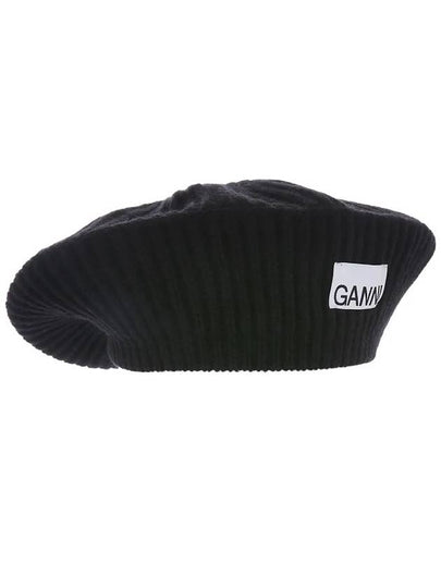 Logo Rib Edge Wool Beret Black - GANNI - BALAAN 2