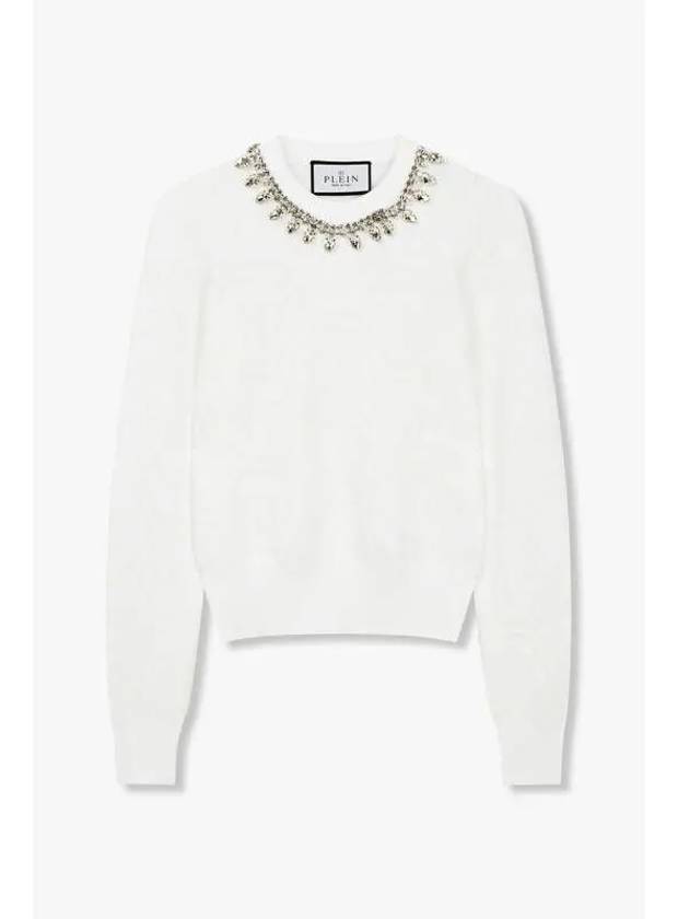 Women s Crystal Necklace Neck Sweater White - PHILIPP PLEIN - BALAAN 1