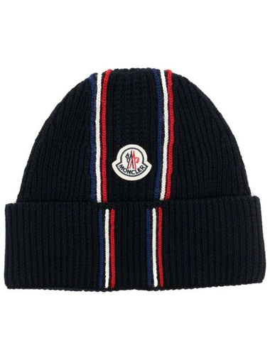 Logo Patch Knit Beanie Navy - MONCLER - BALAAN 1