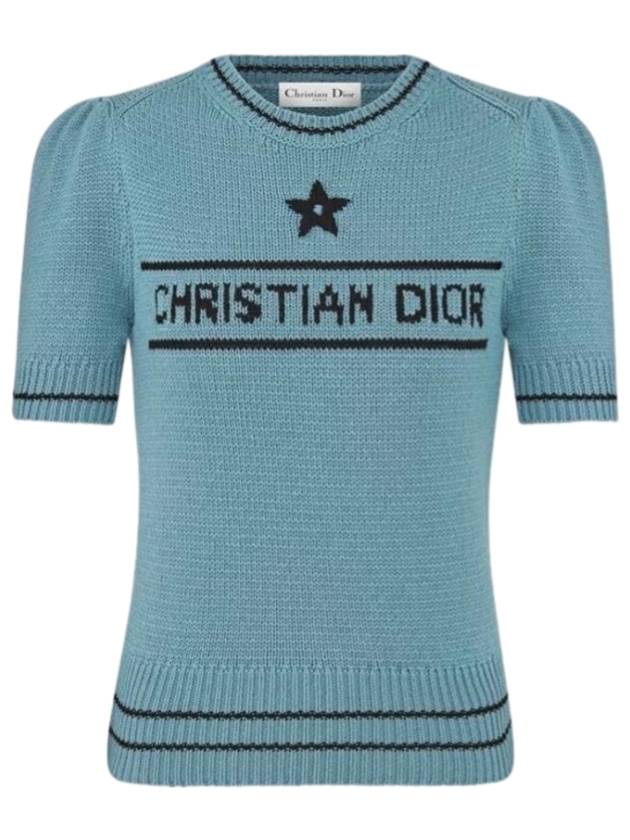 Women's Signature Logo Short Sleeve Knit Top Blue - DIOR - BALAAN 1