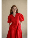 V neck puff sleeve A line midi dress red - CAHIERS - BALAAN 6