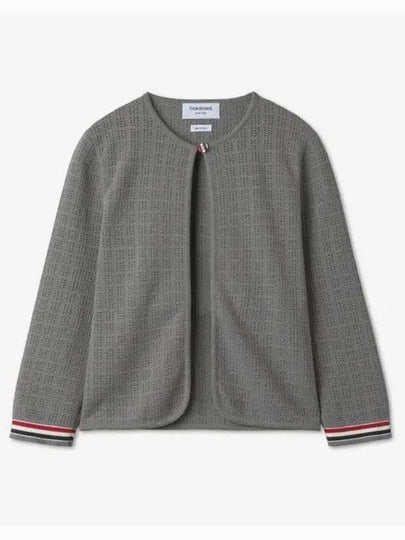 Grid Stitch Pointelle Cropped Crew Neck Cardigan Grey - THOM BROWNE - BALAAN 2