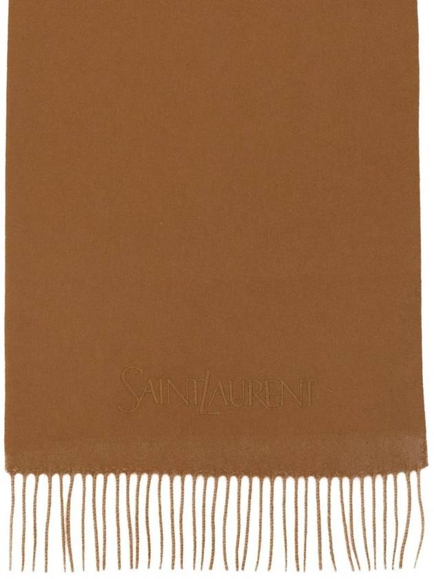 Logo Embroidered Cashmere Muffler Camel - SAINT LAURENT - BALAAN 3