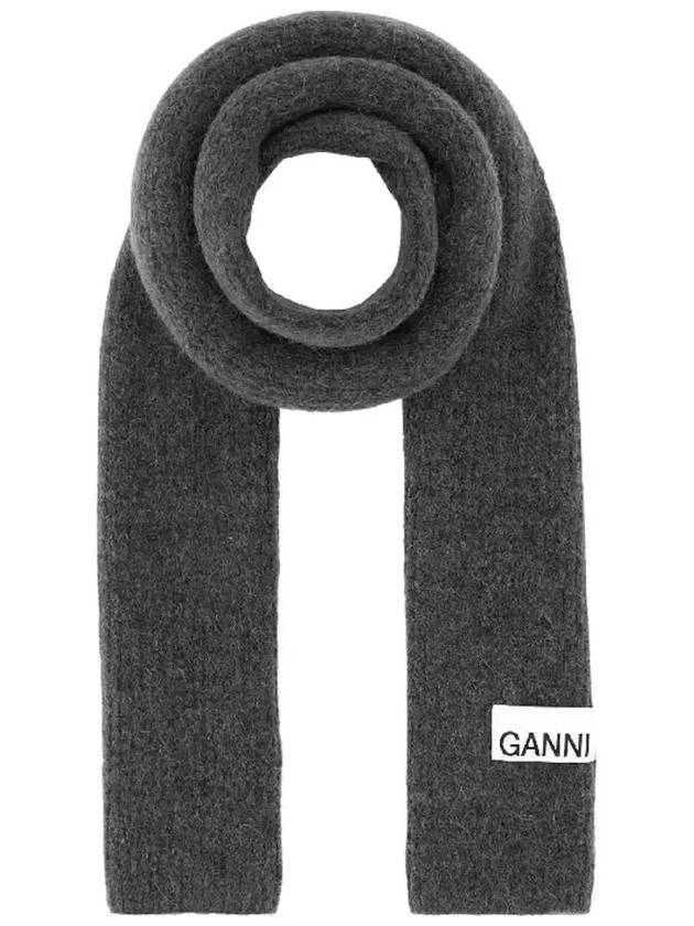 Logo Label Wool Blend Muffler Grey - GANNI - BALAAN 3