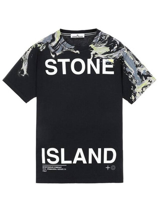 Logo Marvel Print Round Short Sleeve T-Shirt Navy - STONE ISLAND - BALAAN 1