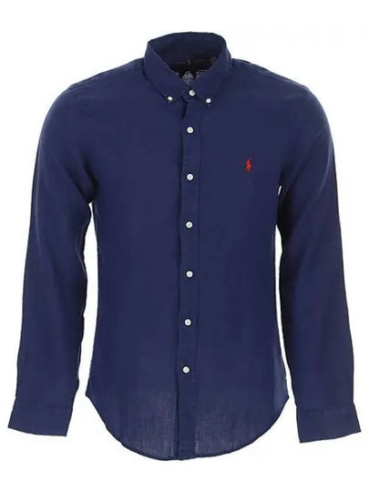 Embroidered Pony Linen Long Sleeve Shirt Navy - POLO RALPH LAUREN - BALAAN 2