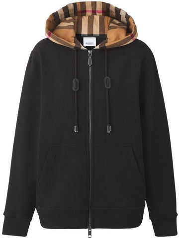 Check Hood Cotton Zip Up Hoodie Black - BURBERRY - BALAAN 1