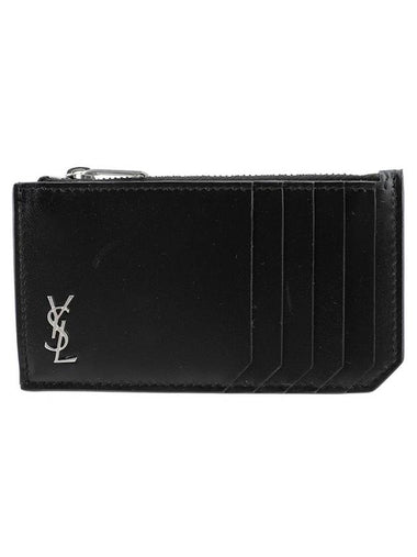 Tiny Cassandre Fragments Silver Hardware Leather Zipper Card Wallet Black - SAINT LAURENT - BALAAN 1