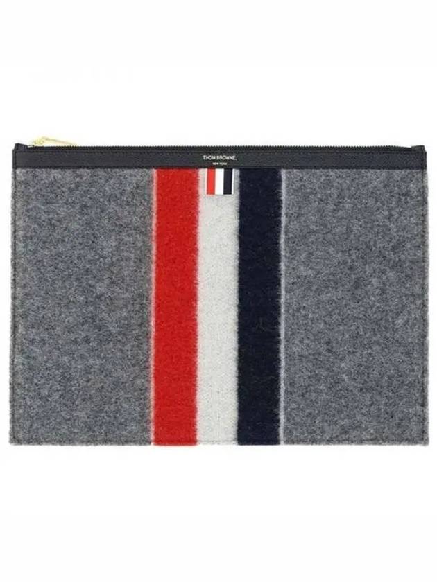 Men's Three Stripes Boiled Wool Stripe Zipper Document Holder Clutch Bag Medium Grey - THOM BROWNE - BALAAN 2