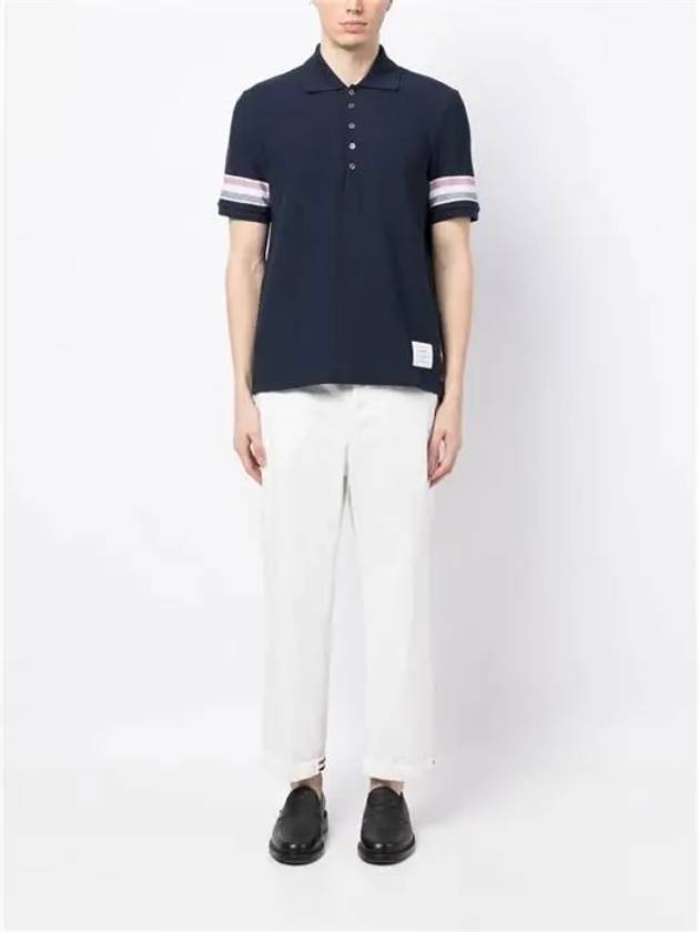 Men's RWB Stripe Cotton Polo Shirt Navy - THOM BROWNE - BALAAN 3