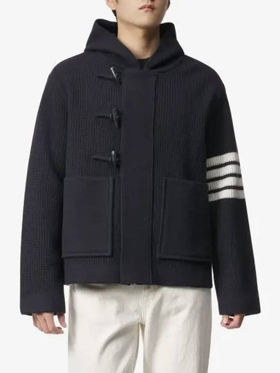 Boiled Wool Half Cardigan Stitched Hooded 4 Bar Double Jacket Navy - THOM BROWNE - BALAAN 2