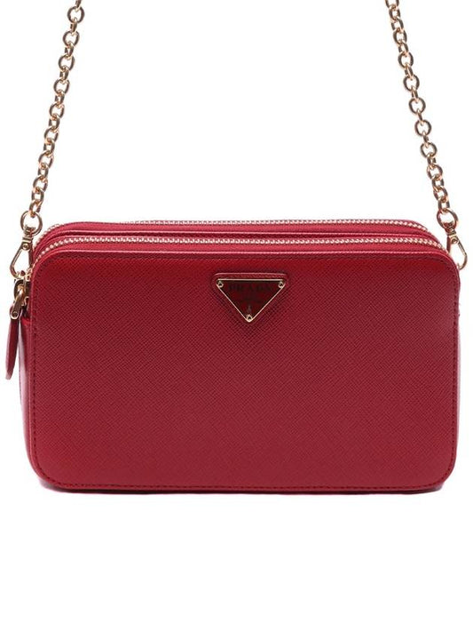 Saffiano Gold Triangular Logo Mini Chain Shoulder Bag Red - PRADA - BALAAN.