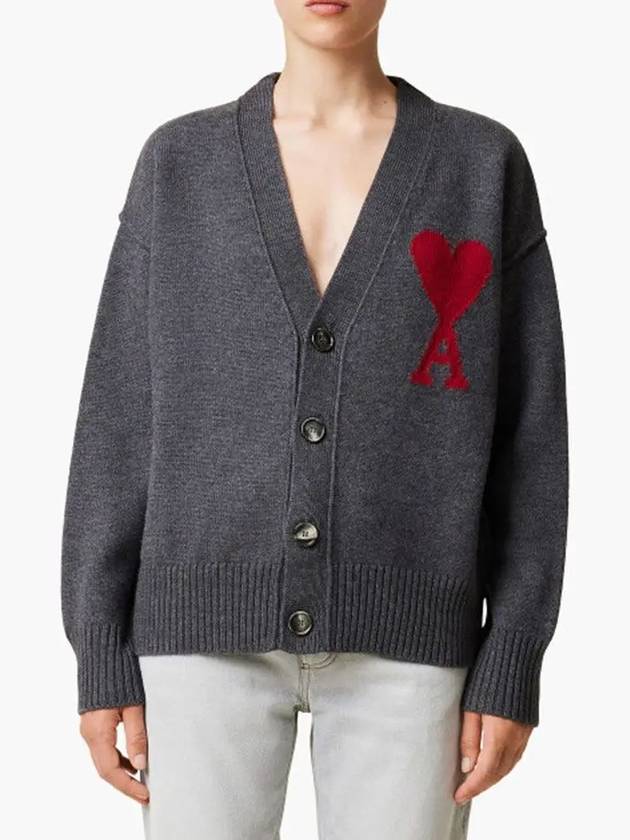 Heart Logo V Neck Wool Cardigan Heather Grey - AMI - BALAAN 4