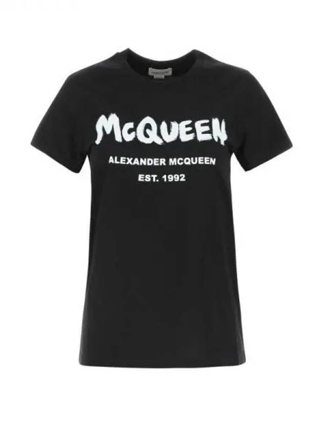 Women's Graffiti Logo Short Sleeve T-Shirt Black - ALEXANDER MCQUEEN - BALAAN 2