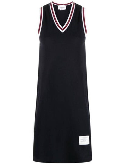 Women's Classic Pique Stripe V-Neck Cotton Tennis Dress Navy - THOM BROWNE - BALAAN 2