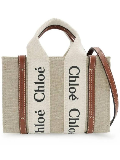 Woody Linen Canvas Calfskin Tote Bag White Brown - CHLOE - BALAAN 2