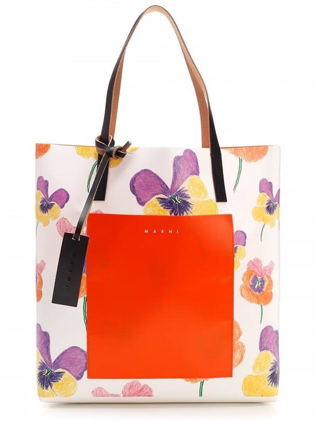 Flower Print Two-Tone Logo Shopper Tote Bag Orange - MARNI - BALAAN 1