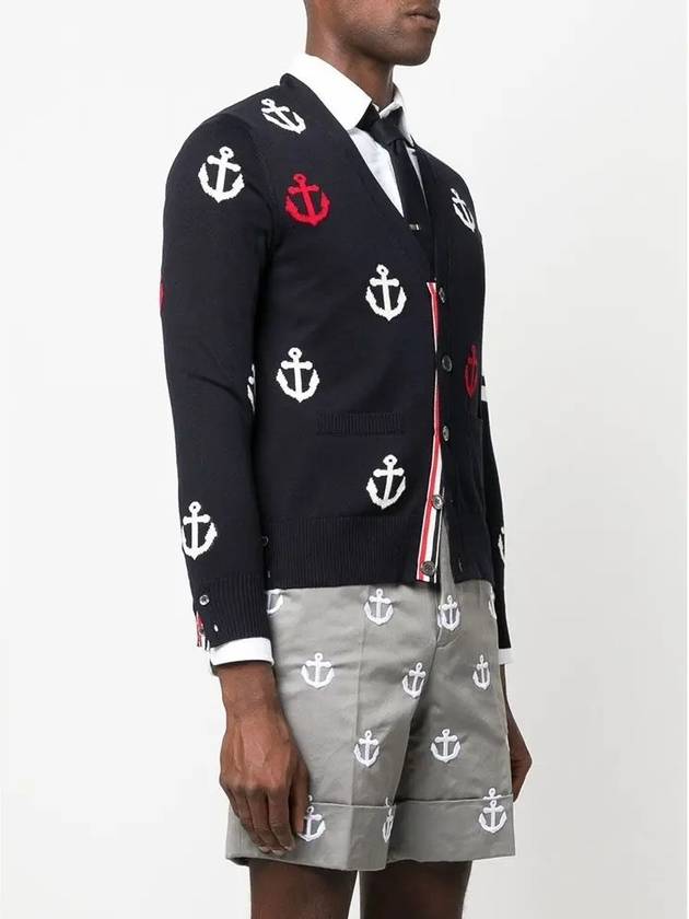 Anchor Intarsia 4-Bar V-Neck Cardigan Navy - THOM BROWNE - BALAAN 5