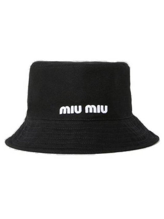 Logo Drill Bucket Hat Black White - MIU MIU - BALAAN 1