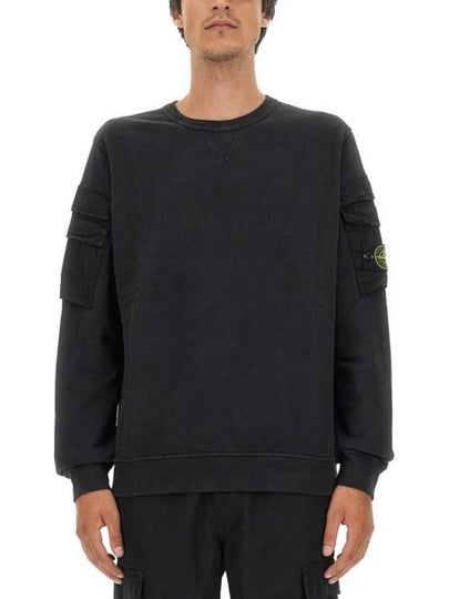 Garment Dyed Double Pocket Brushed Cotton Fleece Sweatshirt Black - STONE ISLAND - BALAAN 2