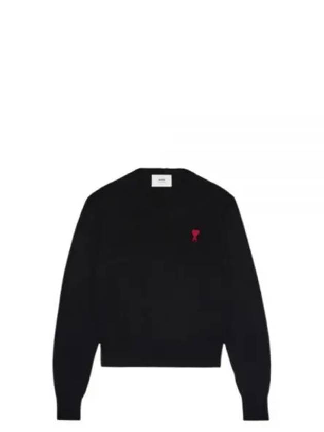 Heart Embroidered Logo Crew Neck Knit Top Black - AMI - BALAAN 2