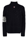 Women's Irish Pointel Cable Merino Wool 4 Bar Turtleneck Navy - THOM BROWNE - BALAAN.