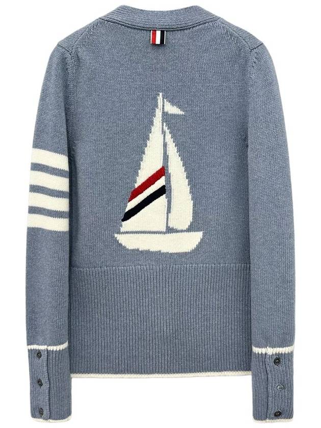 Women's Fine Merino Jersey Sailboat 4 Bar Boxy V Neck Cardigan Dark Blue - THOM BROWNE - BALAAN 3