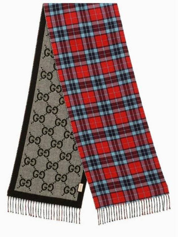 GG Tartan Check Reversible Wool Muffler Red Grey - GUCCI - BALAAN 1