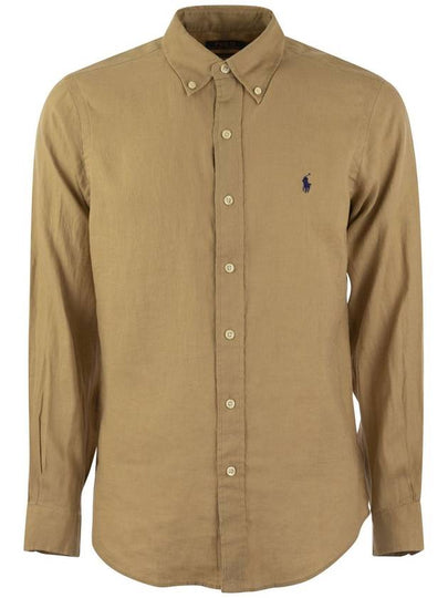 Embroidered Logo Linen Long Sleeve Shirt Brown - POLO RALPH LAUREN - BALAAN 2