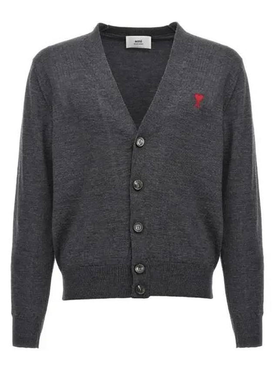 Red Heart Logo Merino Wool Cardigan Heather Grey - AMI - BALAAN 2